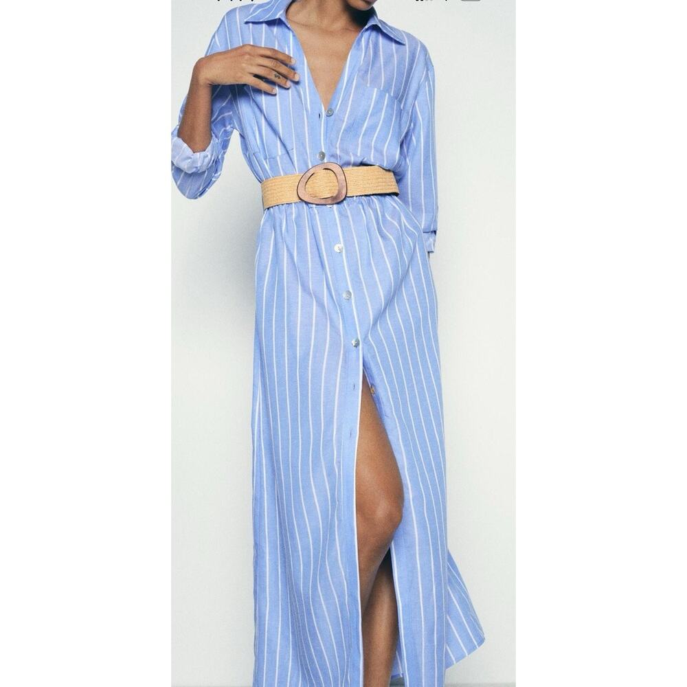 NWT ZARA LINEN BLEND TICKING STRIPE SHIRTDRESS XS